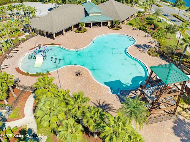 view of pool featuring a gazebo and a patio