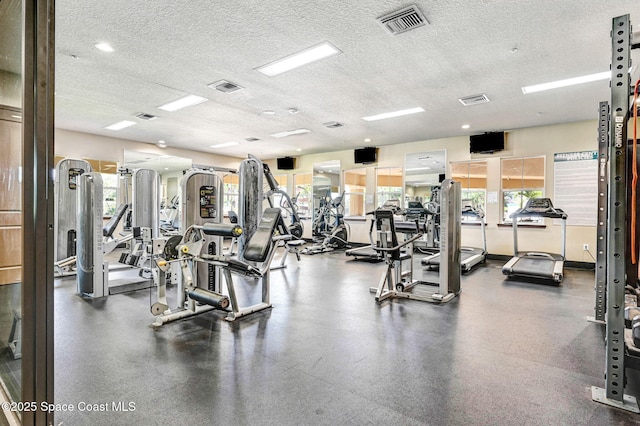 workout area featuring a healthy amount of sunlight and a textured ceiling