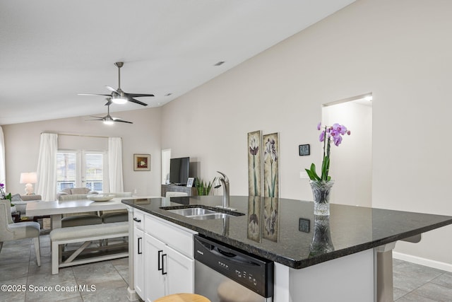 kitchen with sink, dishwasher, an island with sink, dark stone counters, and white cabinets