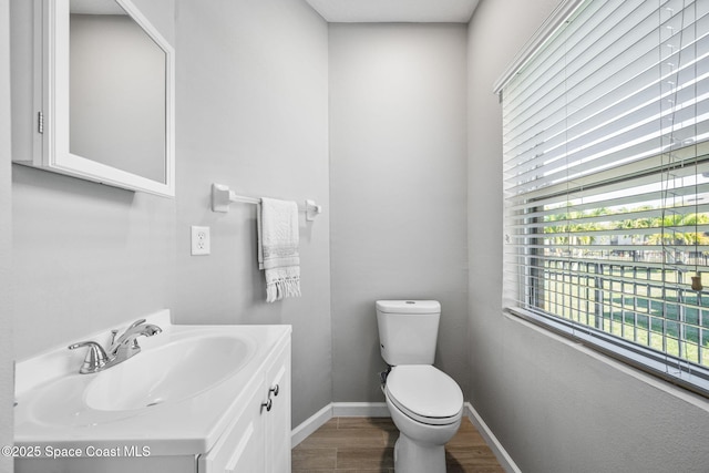 bathroom with vanity, hardwood / wood-style floors, and toilet