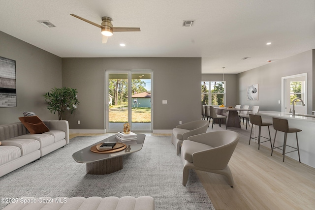 living room featuring ceiling fan, sink, and light wood-type flooring