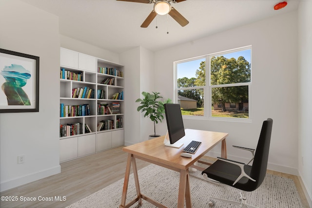 office space with ceiling fan and light wood-type flooring