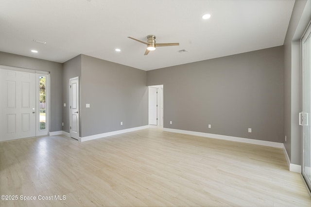 interior space with ceiling fan and light wood-type flooring