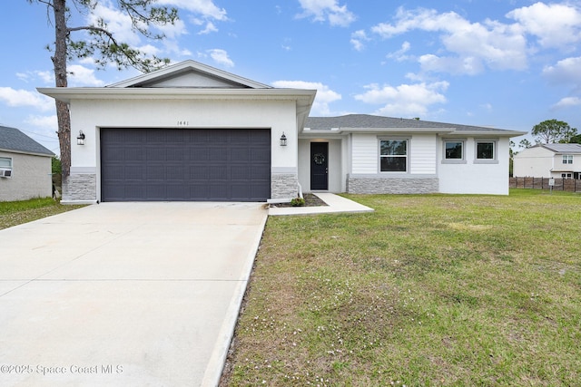 ranch-style home with a garage and a front lawn