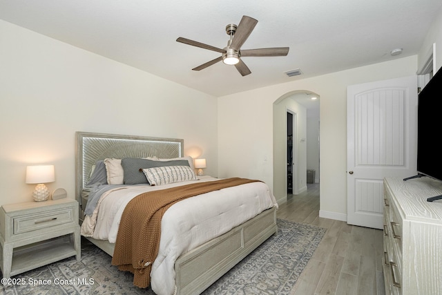 bedroom featuring ceiling fan and light wood-type flooring