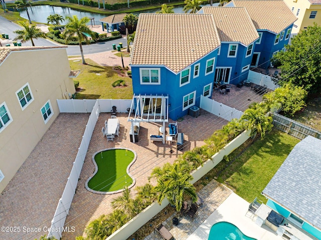 drone / aerial view featuring a water view