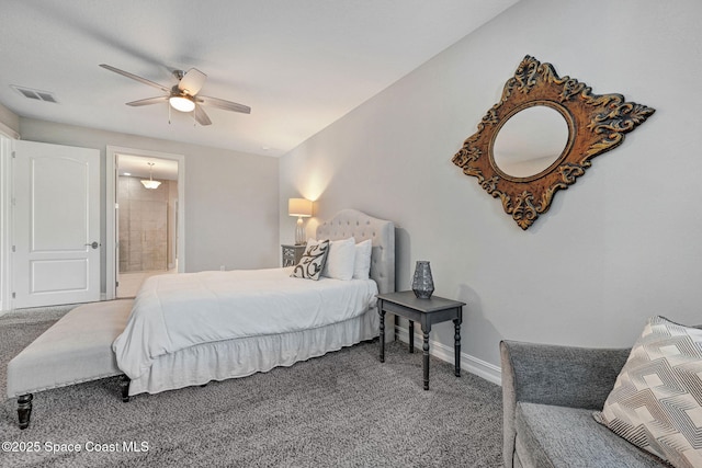 carpeted bedroom featuring ceiling fan and ensuite bathroom