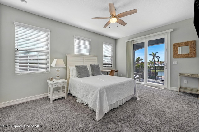 carpeted bedroom featuring access to outside and ceiling fan