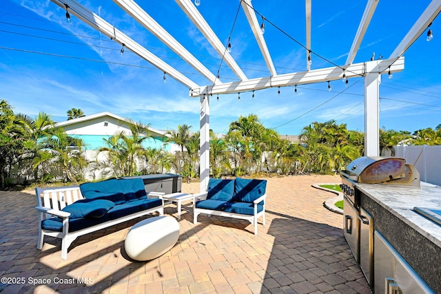 view of patio / terrace with an outdoor kitchen, a grill, outdoor lounge area, a pergola, and a hot tub