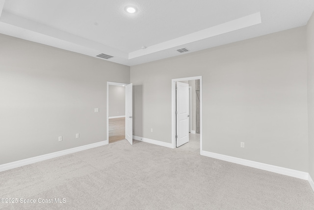 carpeted spare room featuring a raised ceiling