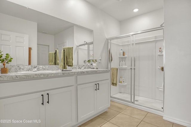 bathroom with tile patterned flooring, vanity, and a shower with shower door