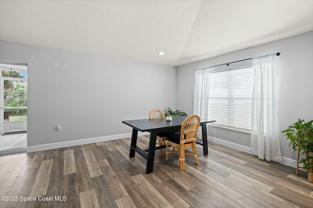 dining room with wood-type flooring and lofted ceiling