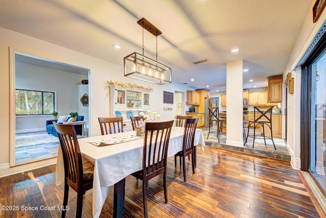 dining area featuring dark wood-type flooring