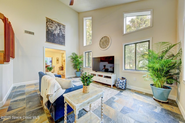 living room with a high ceiling