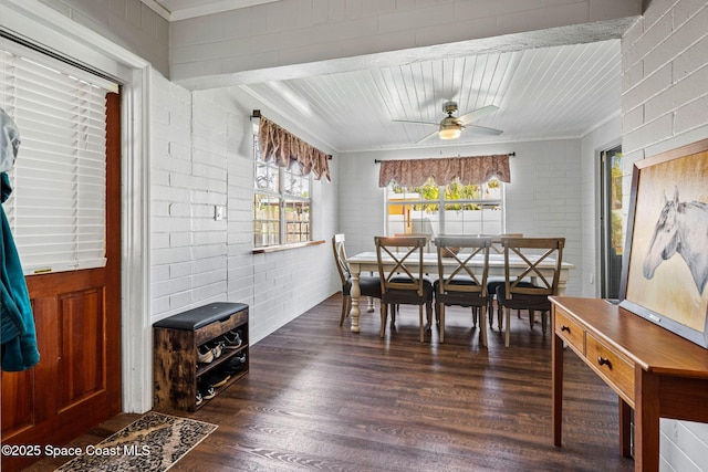 dining space with crown molding, dark hardwood / wood-style floors, and brick wall