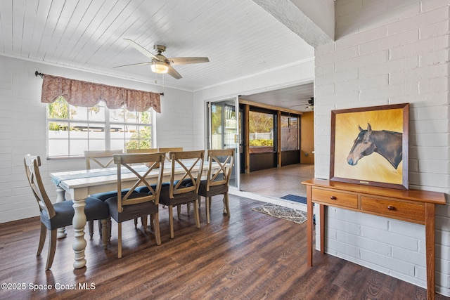 dining area featuring dark wood-type flooring, ceiling fan, wood ceiling, and crown molding