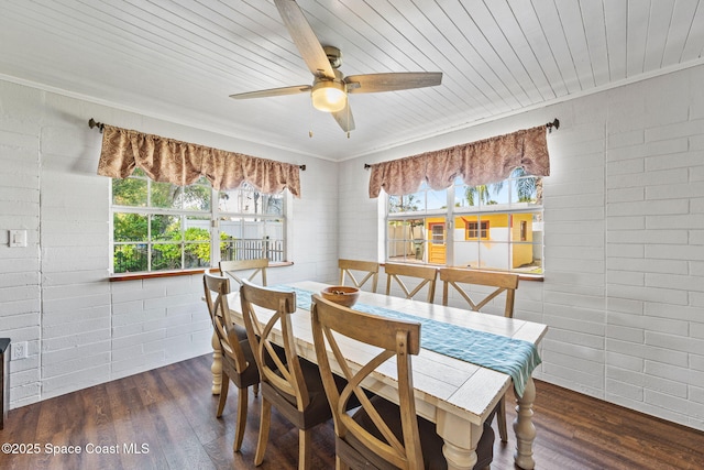 dining room with ceiling fan, dark wood-type flooring, crown molding, and wood ceiling