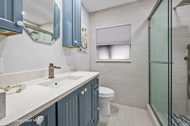 bathroom with vanity, a shower with shower door, and toilet