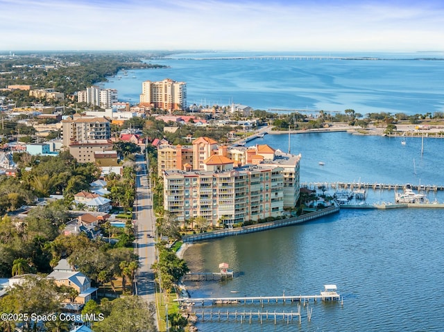 birds eye view of property featuring a water view