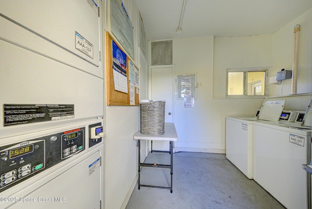 laundry area featuring washing machine and dryer and heating unit