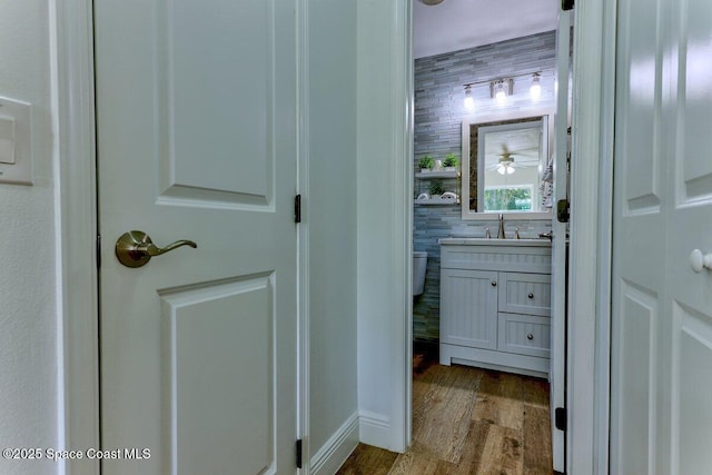 bathroom featuring vanity, hardwood / wood-style flooring, and decorative backsplash