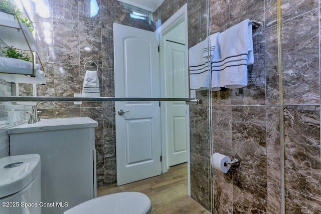 bathroom with hardwood / wood-style flooring, vanity, toilet, and tile walls