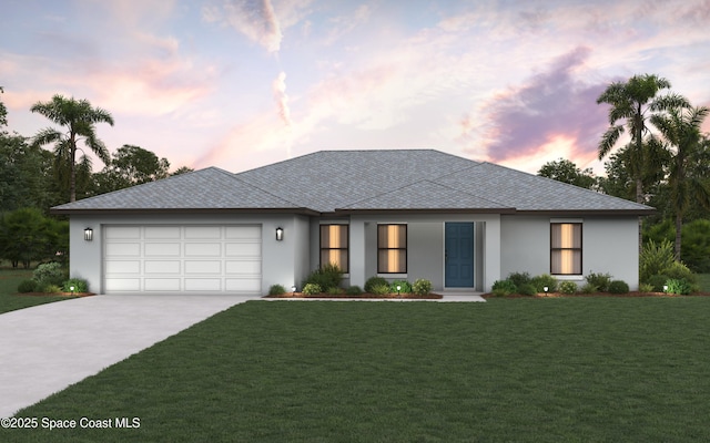 prairie-style house featuring a garage and a yard