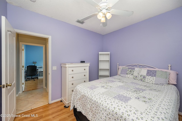 bedroom with ceiling fan and light hardwood / wood-style floors