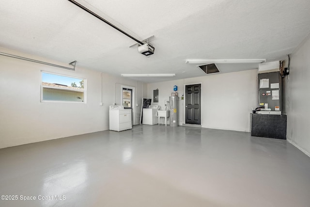 garage with a garage door opener, heating unit, separate washer and dryer, electric panel, and water heater