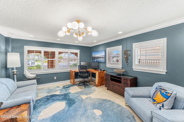 office space with ornamental molding, a chandelier, and a textured ceiling