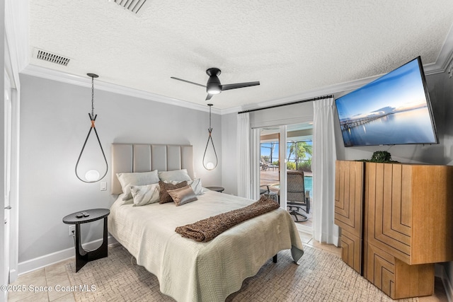 bedroom with light tile patterned floors, ceiling fan, access to exterior, ornamental molding, and a textured ceiling