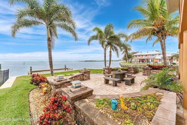 view of patio with a water view