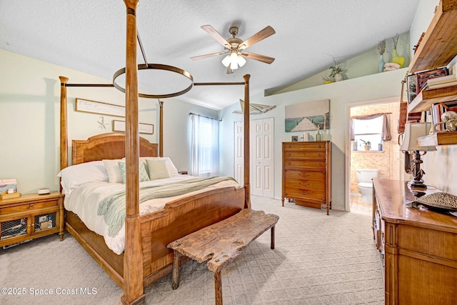 bedroom featuring multiple windows, light colored carpet, lofted ceiling, and ensuite bathroom