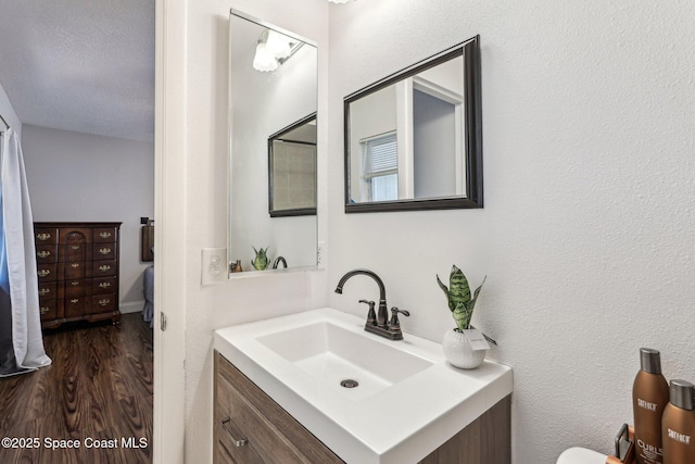 bathroom with vanity and wood-type flooring