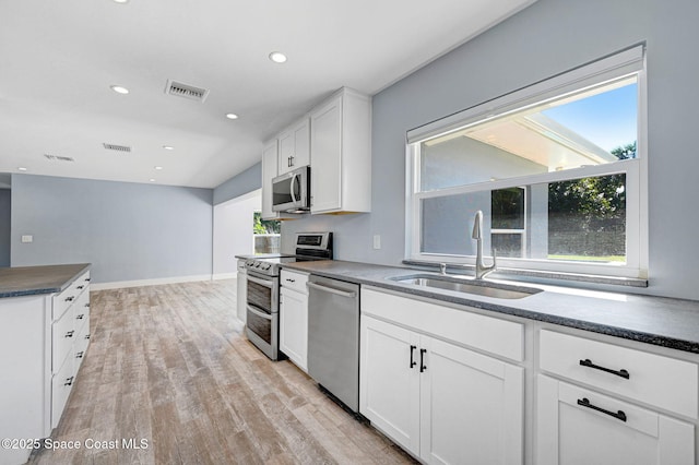 kitchen with white cabinetry, appliances with stainless steel finishes, light hardwood / wood-style floors, and sink