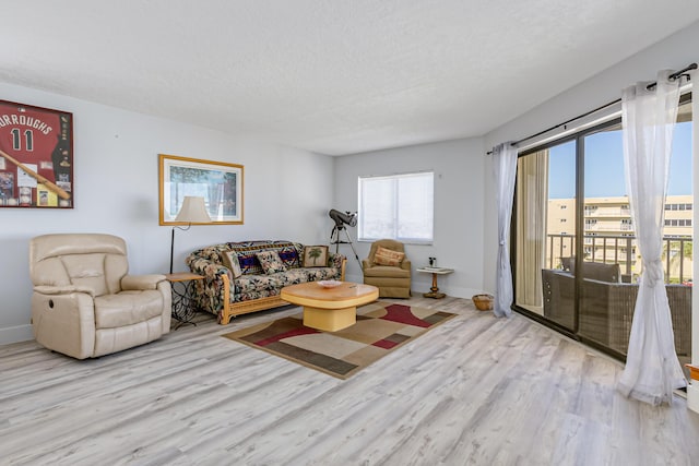 living room with a textured ceiling and light wood-type flooring