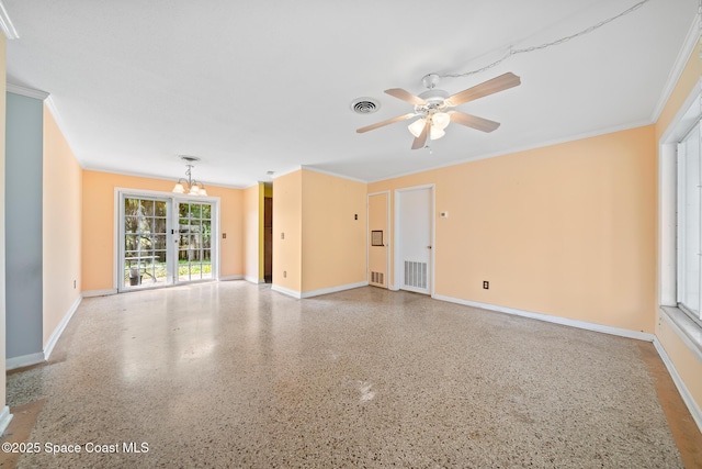 unfurnished room with ornamental molding and ceiling fan with notable chandelier