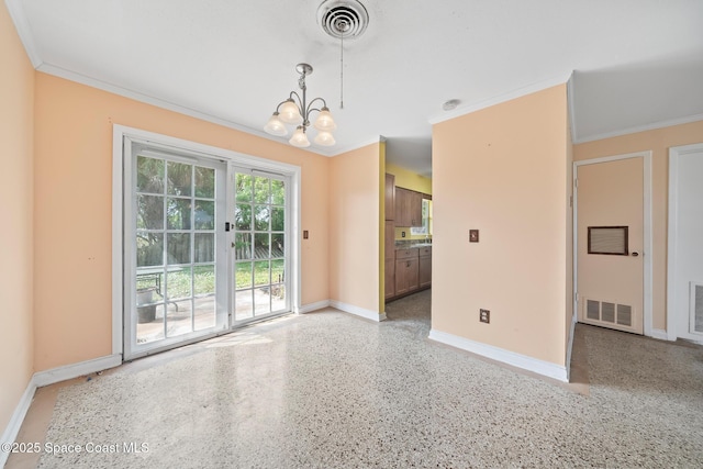 empty room with an inviting chandelier and ornamental molding