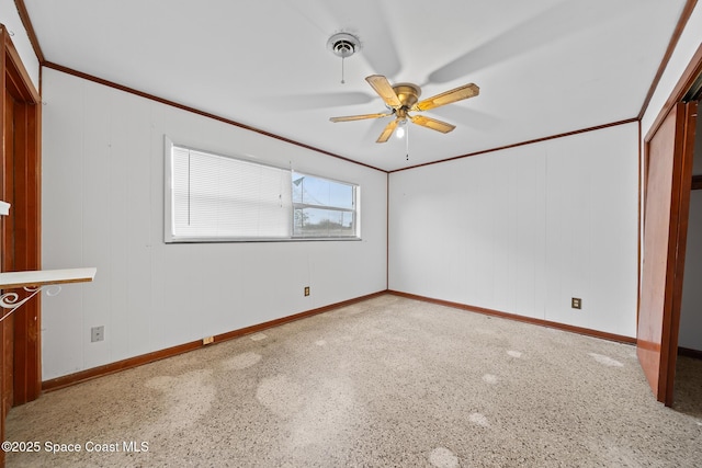 unfurnished bedroom with ceiling fan, ornamental molding, and a closet