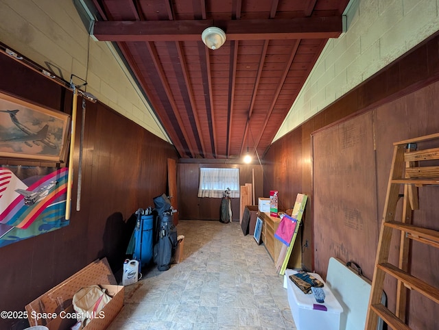 basement with wooden ceiling and wooden walls