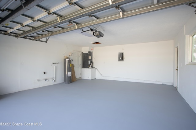 garage with electric panel, a garage door opener, electric water heater, and heating unit