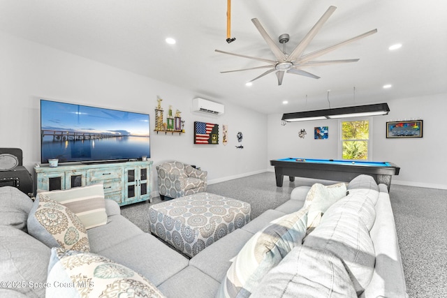 living room featuring billiards, an AC wall unit, and ceiling fan