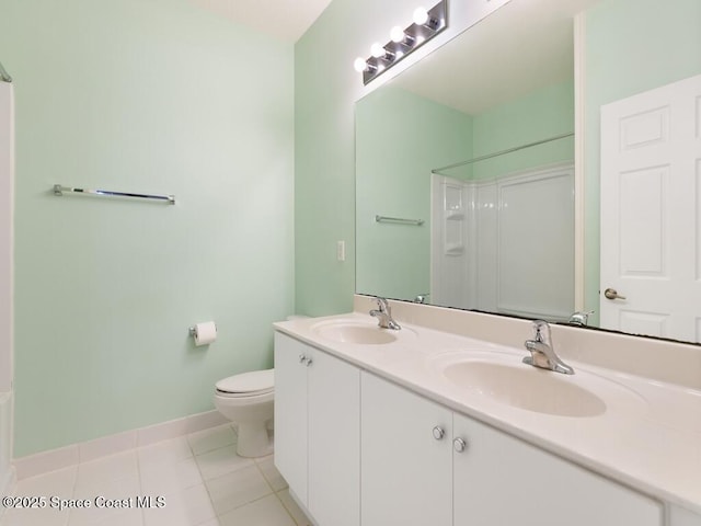 bathroom featuring vanity, walk in shower, tile patterned floors, and toilet