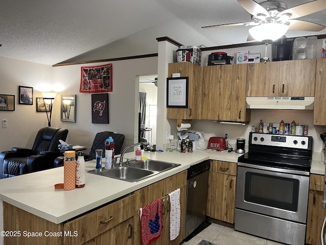 kitchen with black dishwasher, sink, stainless steel range with electric cooktop, kitchen peninsula, and a textured ceiling