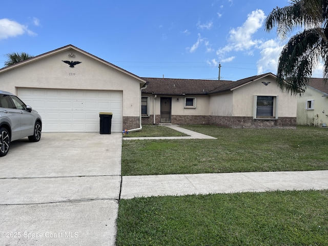 single story home with a garage and a front yard