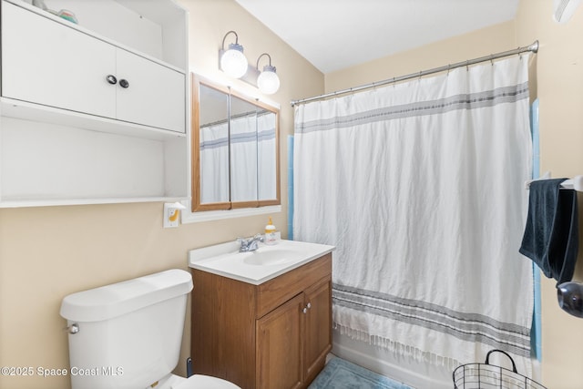 bathroom with toilet, shower / bathtub combination with curtain, and vanity