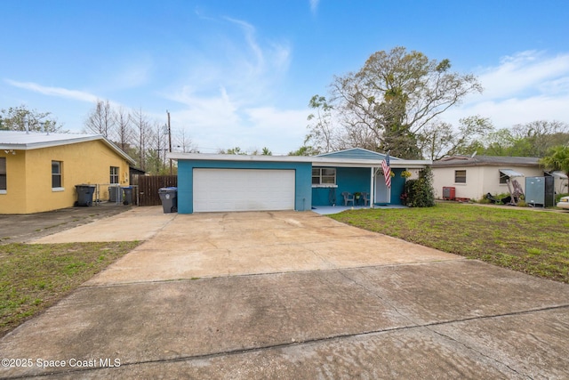 ranch-style house featuring a garage, driveway, fence, a front yard, and stucco siding