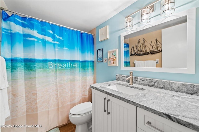 bathroom featuring vanity, walk in shower, and toilet