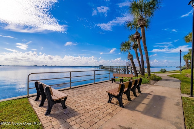 view of patio / terrace with a water view