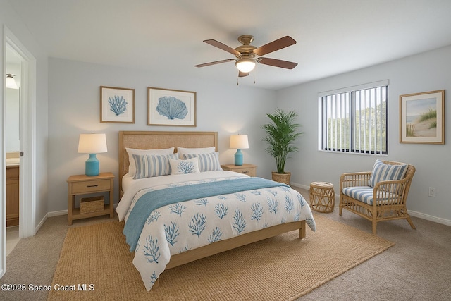carpeted bedroom with baseboards and ceiling fan